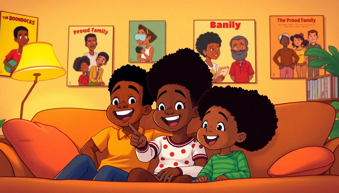 Family enjoying African American cartoons together on a cozy couch