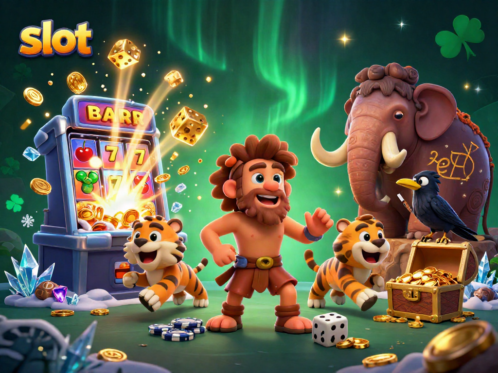 Experience the thrill of slot gaming in this lively prehistoric casino scene with sabertooth tigers and vibrant rewards.