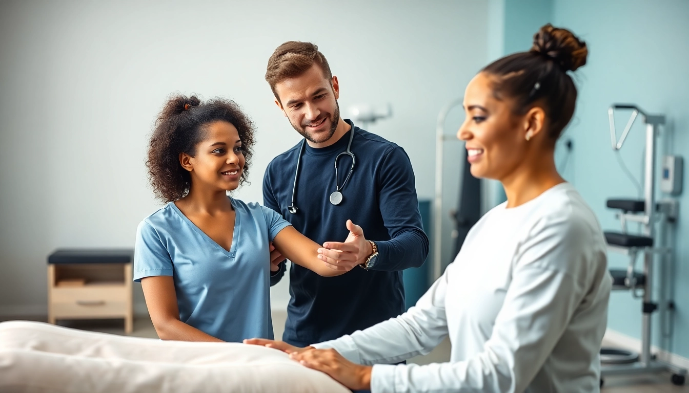 Seventeen Physio therapist supporting a patient in a modern rehabilitation setting.