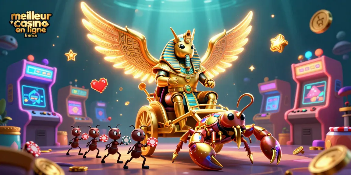 Découvrez le meilleur casino en ligne en France avec cette illustration captivante, mettant en avant un scarabée doré et des éléments de jeu colorés.