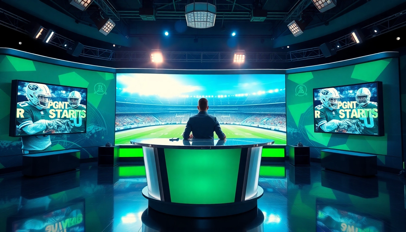 Engaging scene of professional sports broadcasting with screens and sports memorabilia.