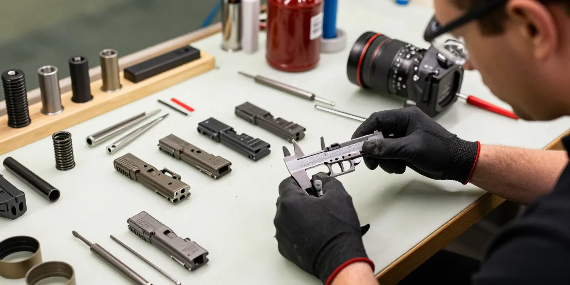 Precision Glock slides assembly at https://precisionglockslides.com in a professional gunsmith workshop.
