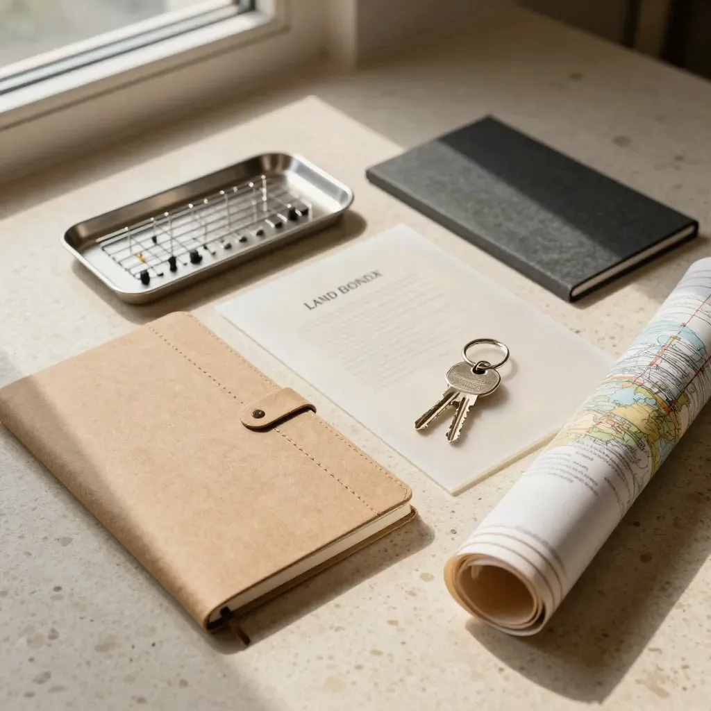 Overhead flat lay of land closing materials on travertine, fanned diagonally in warm window light.