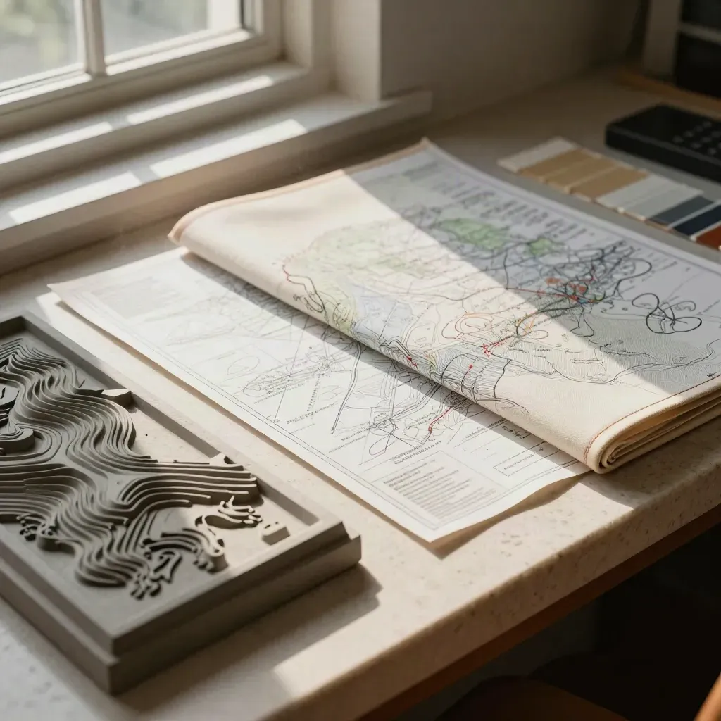 Parcel valuation materials under window light: map sleeve, survey sheet, stone tray, contour model.