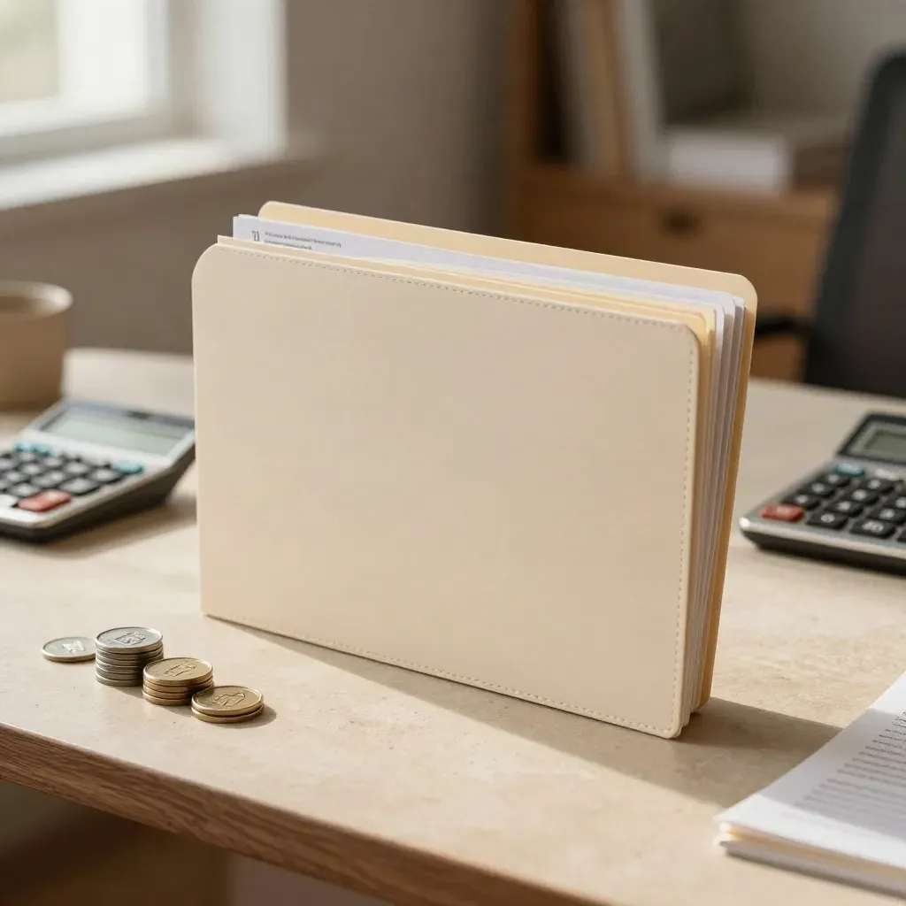 Loan folder, property tokens, calculator, and term cards on a sand-toned stone surface.
