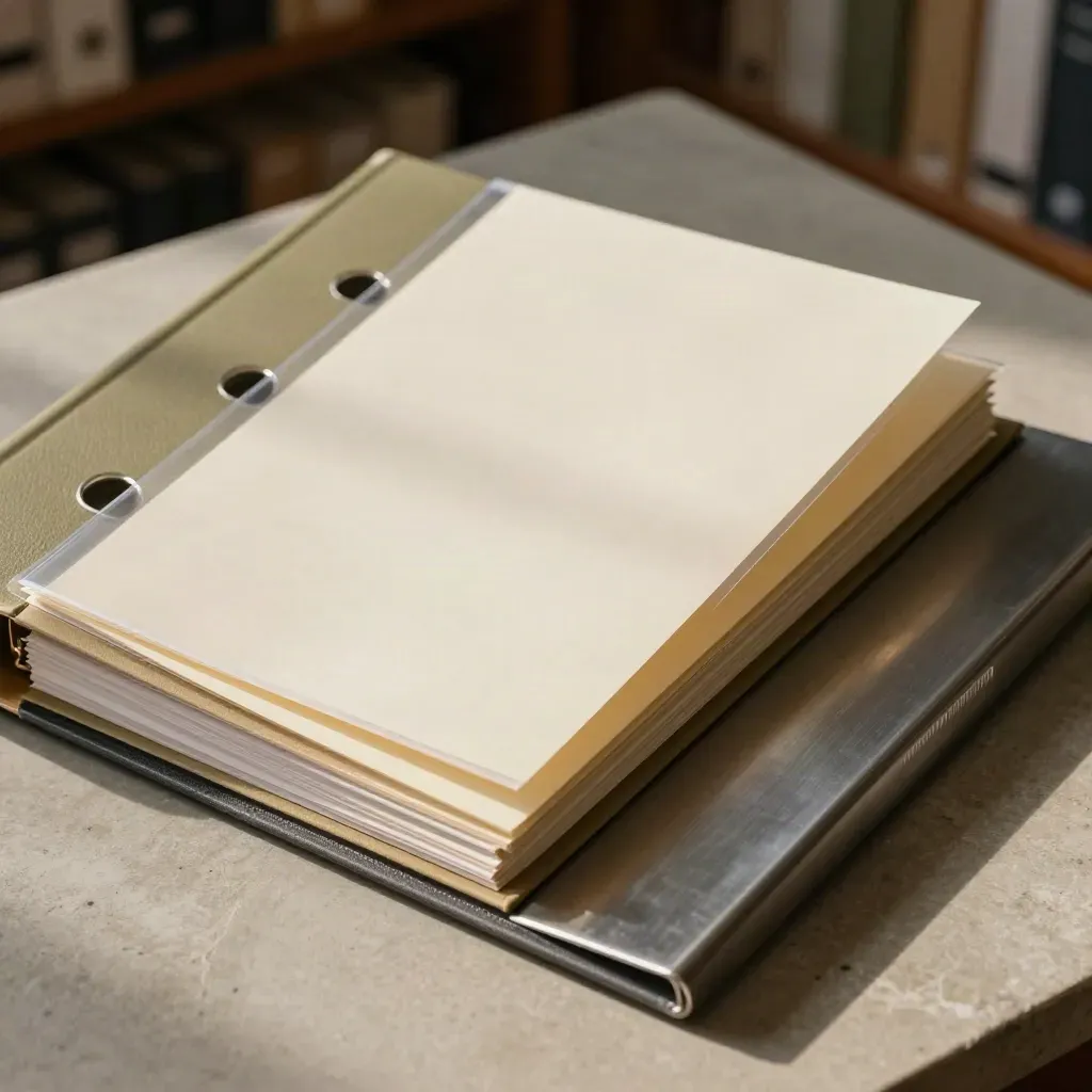County title files and tabs on a stone table, lit by soft daylight.