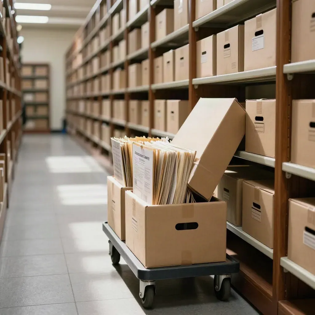 Archive cart rolling through county records shelving with file boxes mid-search.