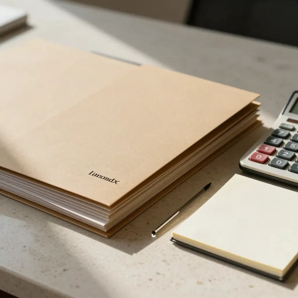 Sand-toned sale comp folders and a calculator on travertine in a land investment review.
