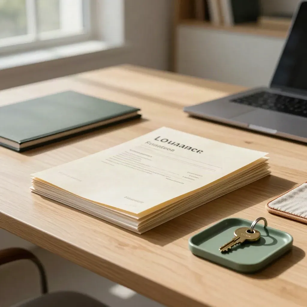 Warm finance terms desk with loan packet, closed laptop, key tray and linen coaster.