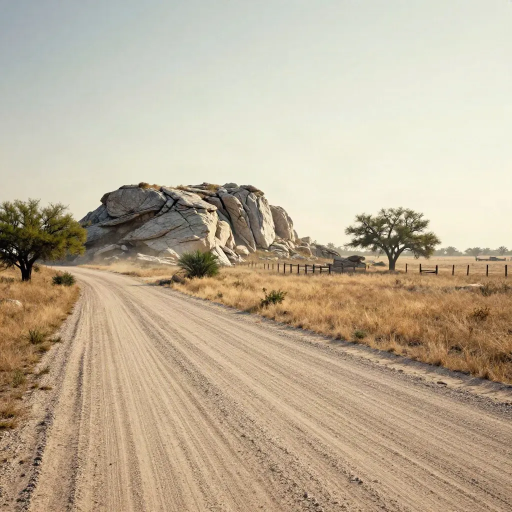 Texas Hill Country tract with limestone outcrop, dirt road, mesquite edge, and fence line in hazy sun.