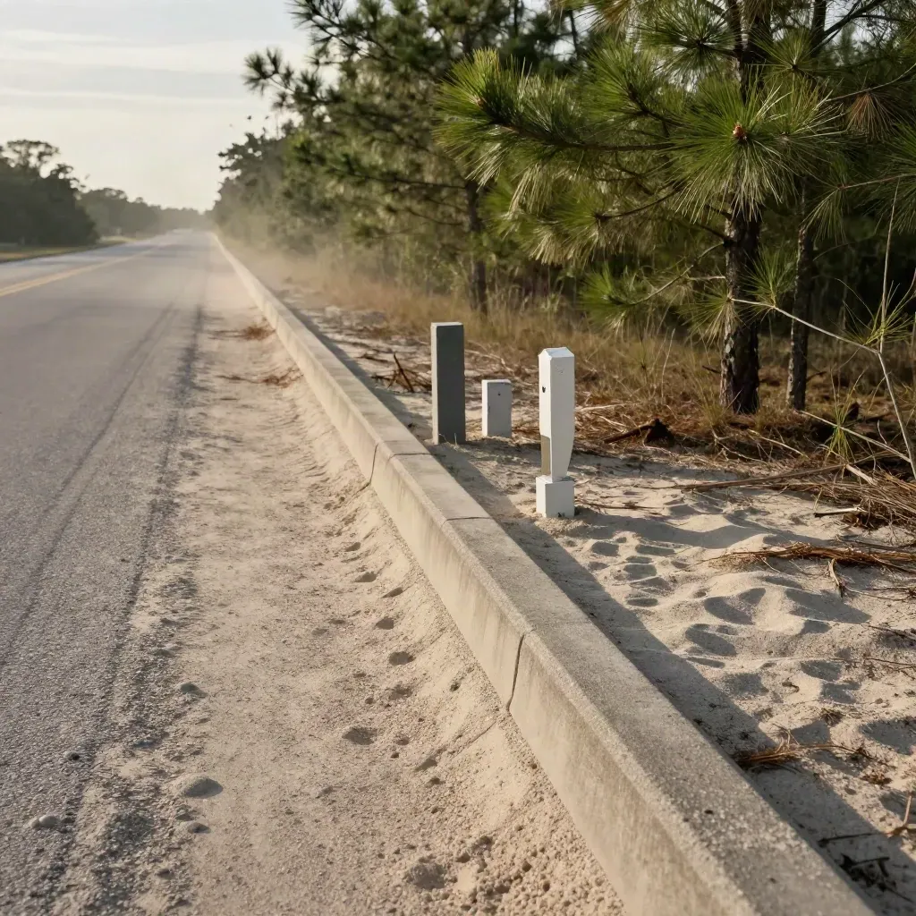 Central Florida sandy lot with young pines, curb access, and utility markers in warm daylight.