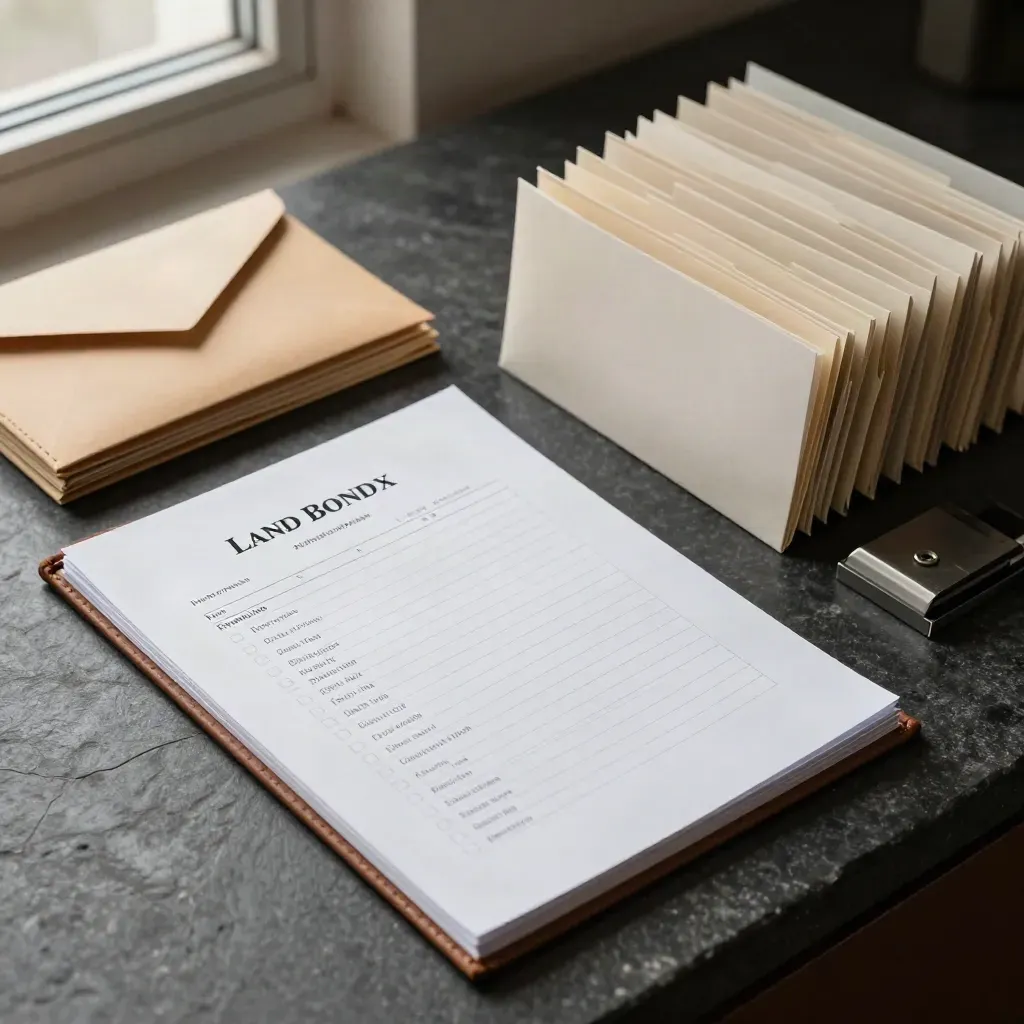 Top-down deal file checklist with ledger box, clipped envelopes and file tabs on slate.