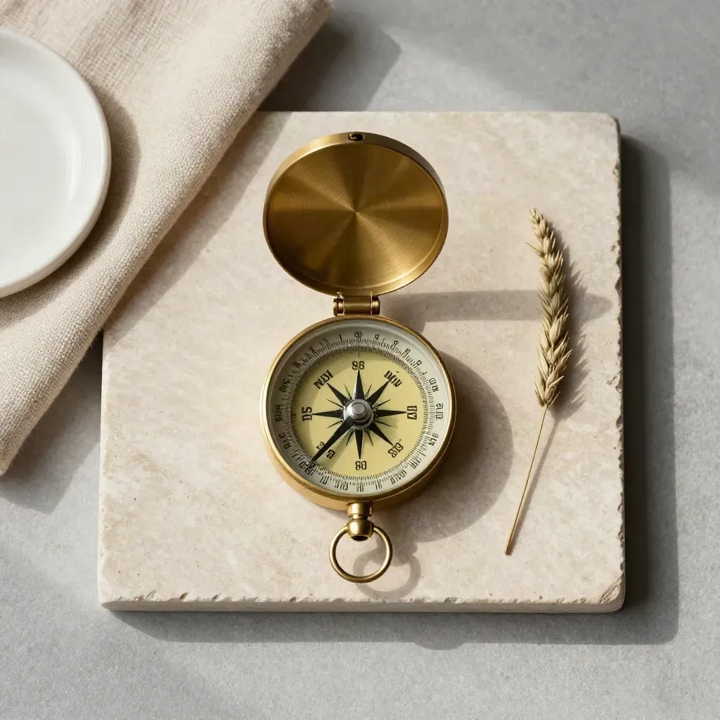 Brass land compass with linen, ceramic dish, and dried grass on pale stone, overhead flatlay.