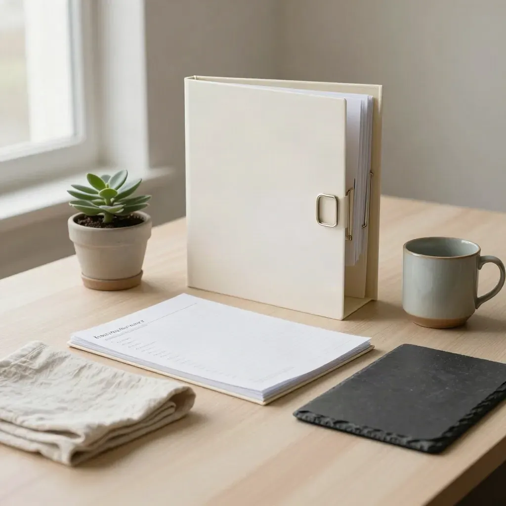 Closed file binder, small plant, and ceramic cup on pale wood with soft daylight.