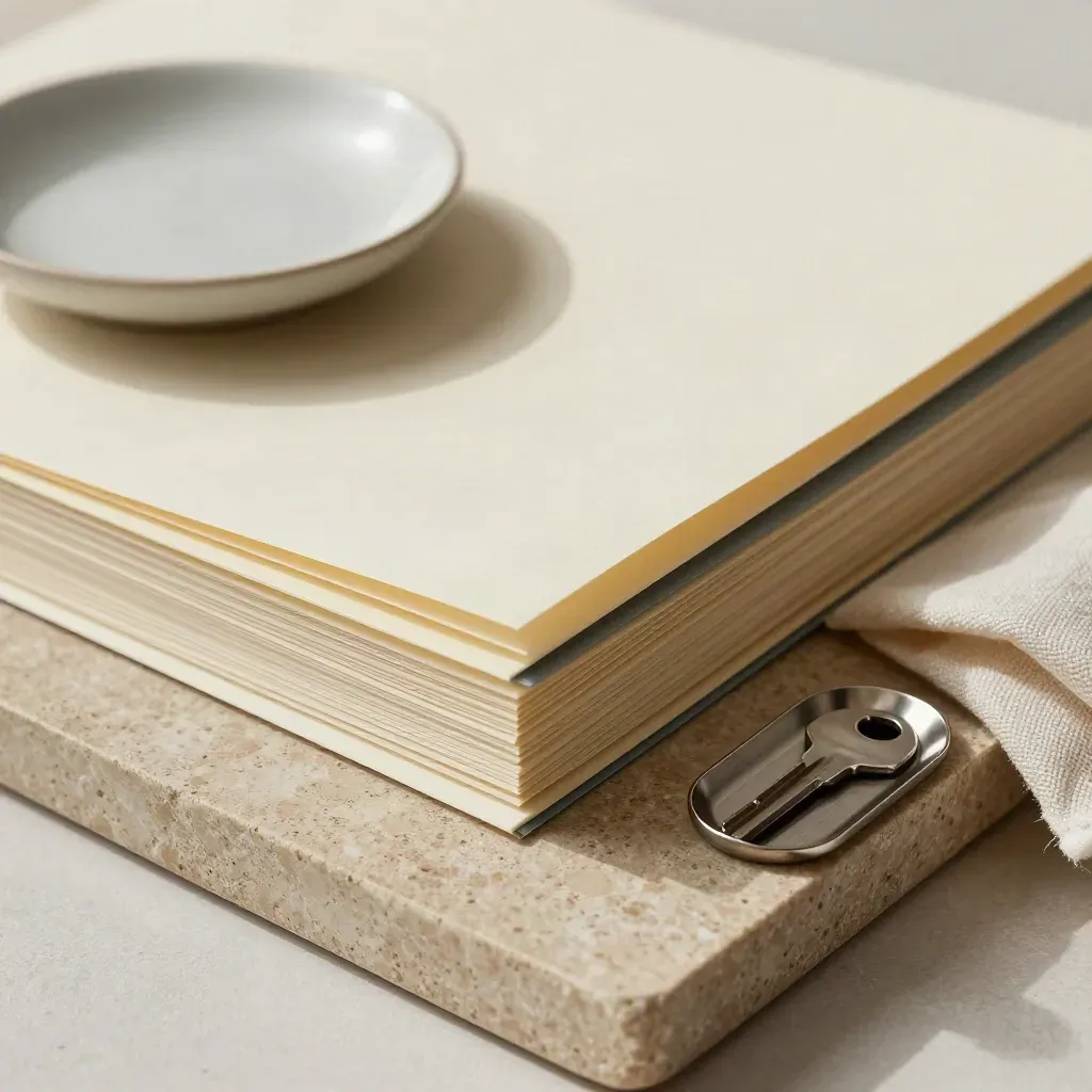 Funding folders, ceramic dish, folded cloth and key tray on a limestone tray in soft daylight.
