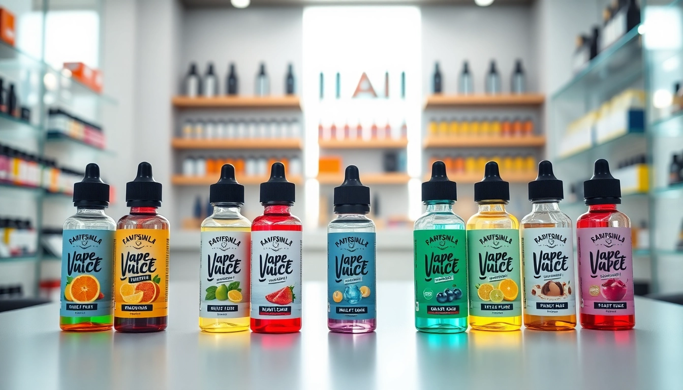 Showcase vape juice bottles highlighting unique flavors and vibrant designs in a modern setting.