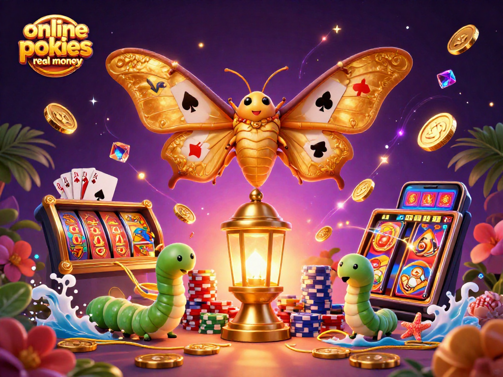 Experience the thrill of online pokies real money with vibrant casino elements and golden visuals.
