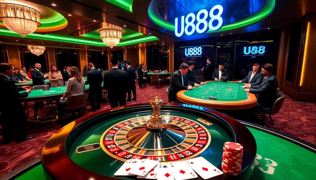 Experience thrilling gameplay at U888 U88 with vibrant roulette and blackjack tables in a luxurious casino.