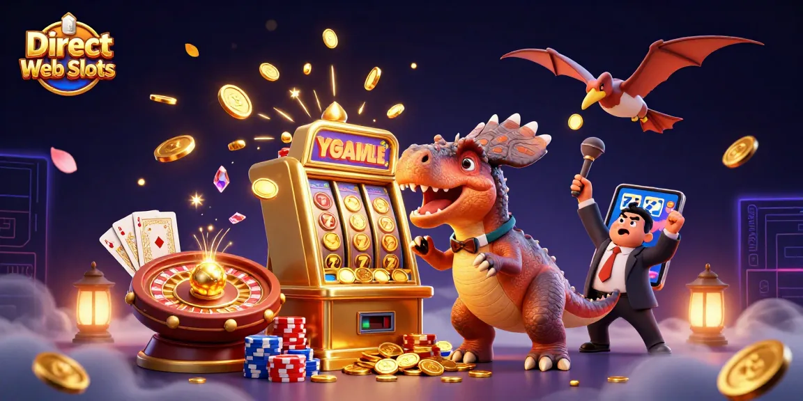 Direct Web Slots dynamic scene with a dinosaur, casino elements, and vibrant colors depicting excitement.