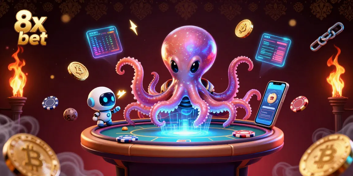 Engage in thrilling 8x bet action with a dynamic alien octopus at a holographic poker table.