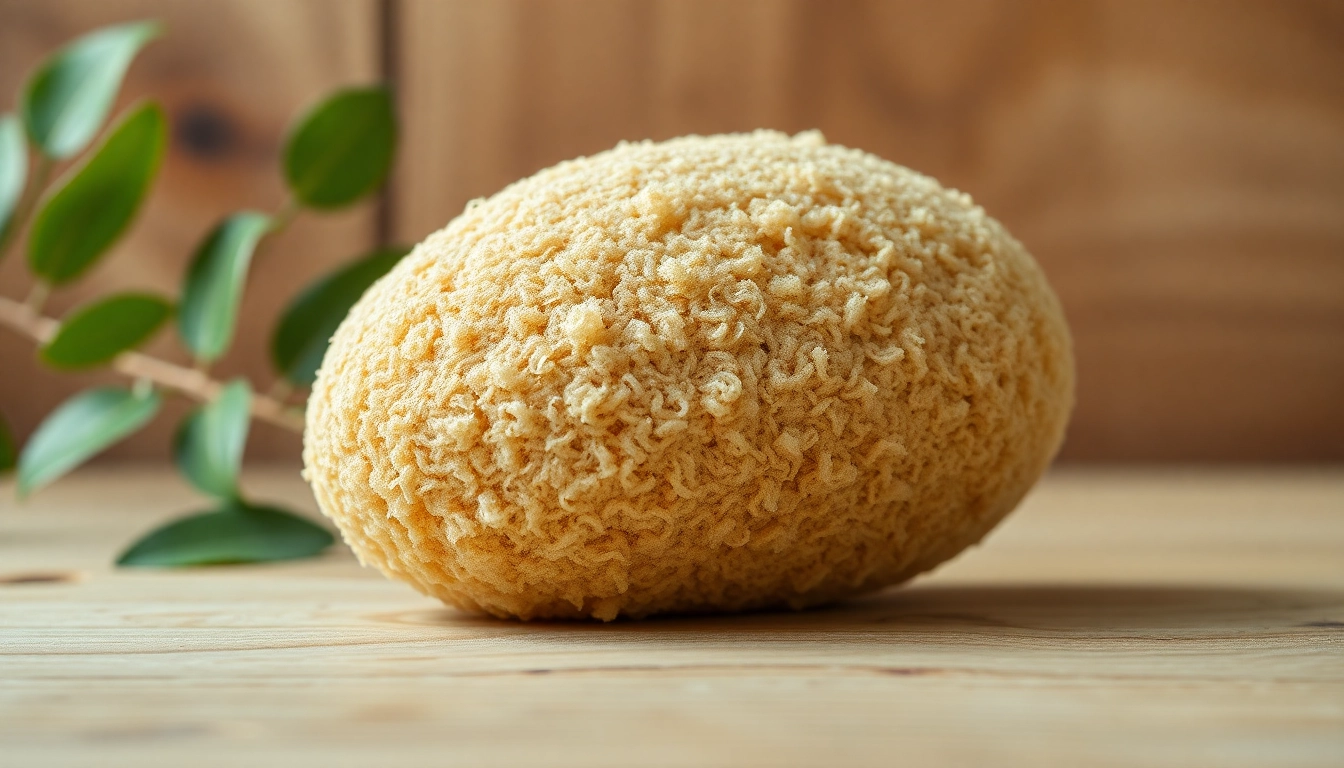 Discover the natural texture of a raw loofah sponge on a wooden surface.