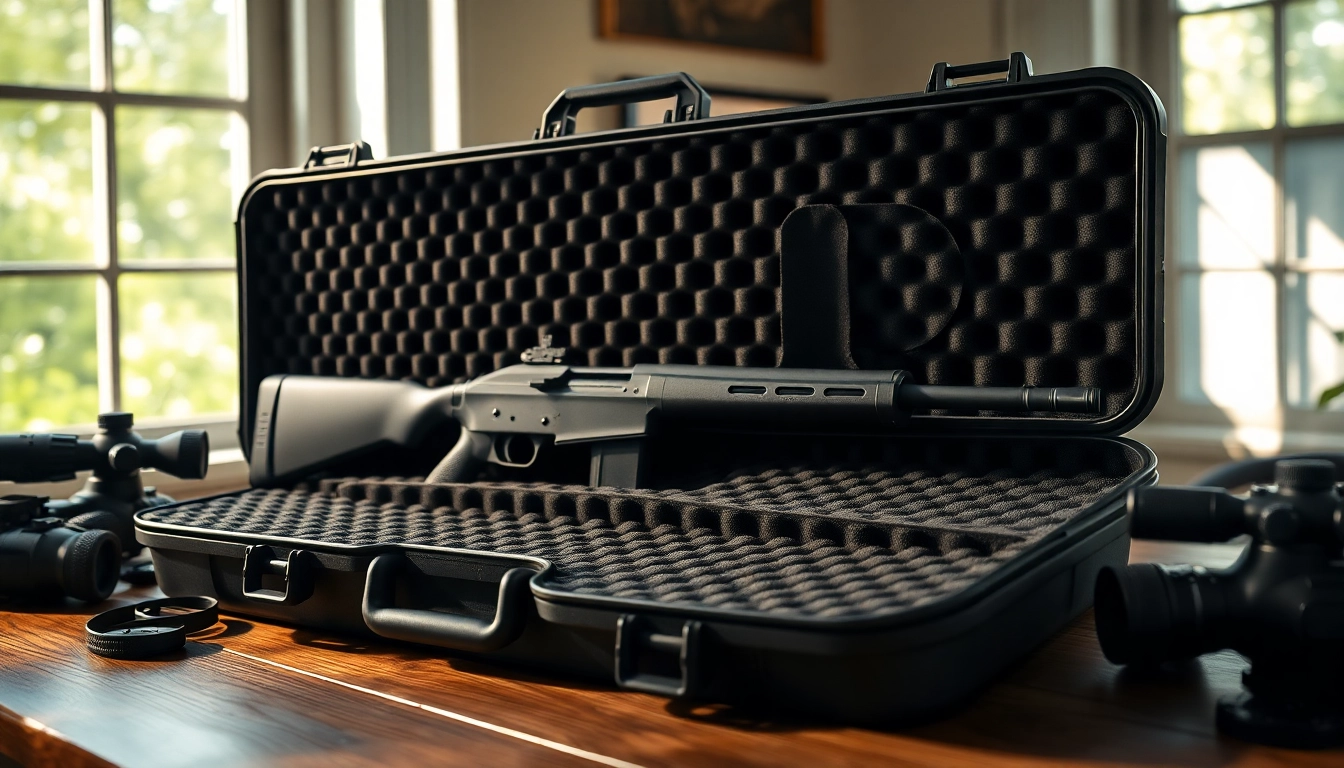Showcase foam for rifle case with detailed texture and accessories highlighting its protective features.