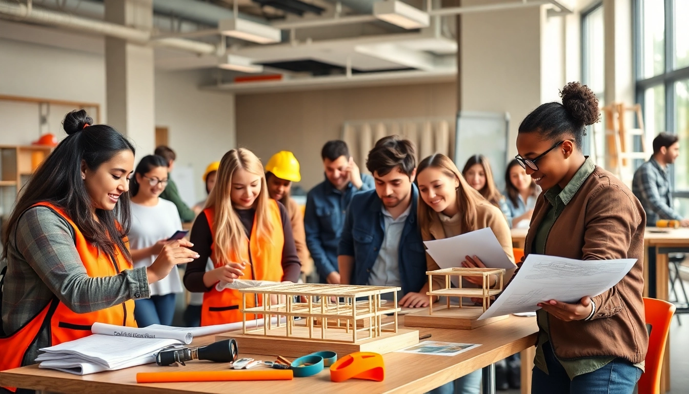 Hands-on activities during construction classes, highlighting student engagement and teamwork.