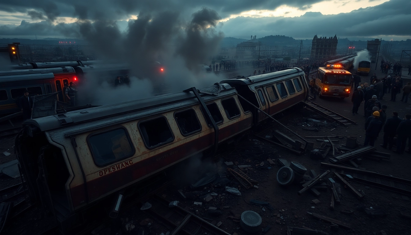 Spain train crash scene with derailed train and emergency responders on site.
