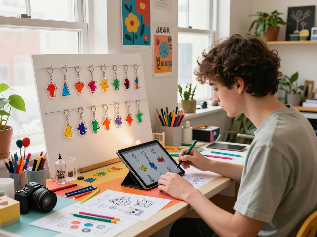 Custom clear acrylic keychains being designed in a creative workspace filled with art supplies.