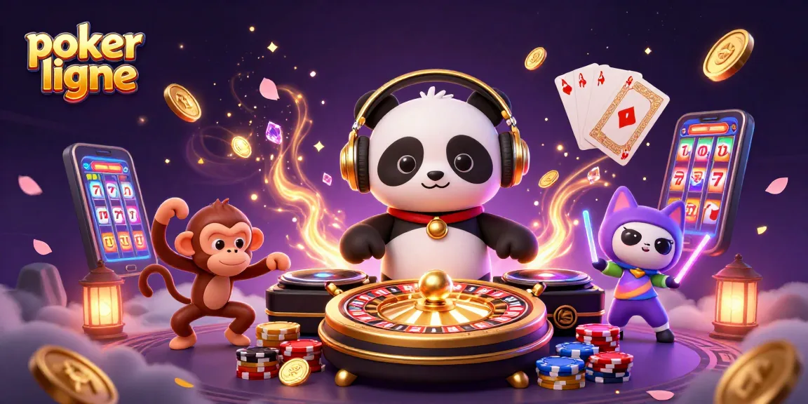 Jouez au poker en ligne avec des personnages dynamiques comme un panda DJ, une souris dansante, et un chat lumineux entourés de jetons et cartes.