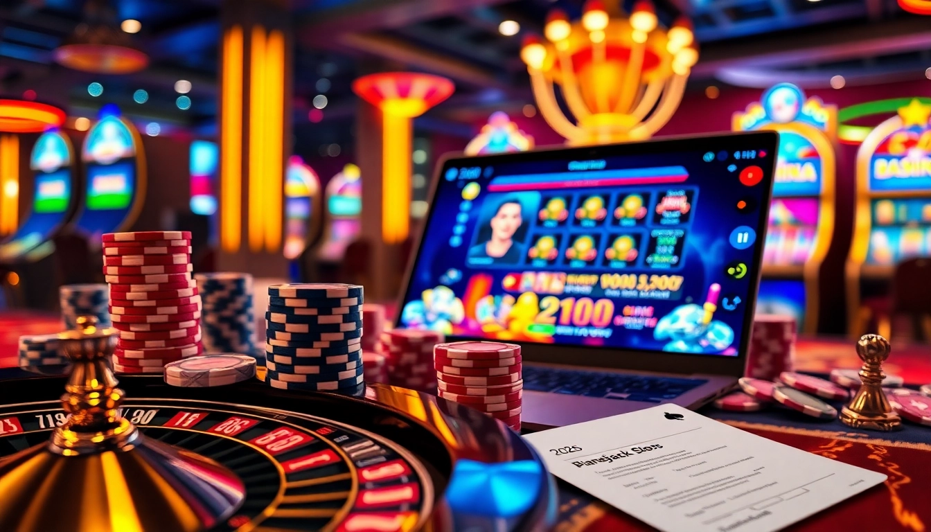Vivez l'excitation du casino en ligne 2026 avec des visuels de jeux en ligne vibrants et des jetons de poker.