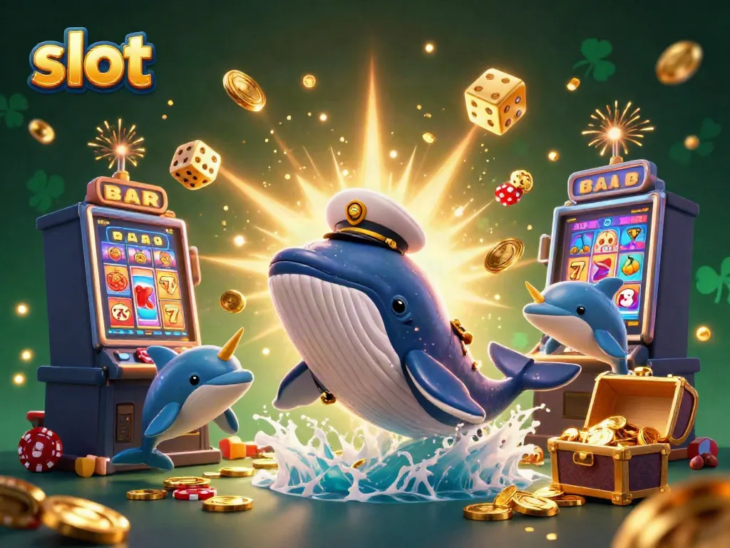 Slot mesin bergambar paus, narwhal dan lumba-lumba di lautan koin berkilauan.