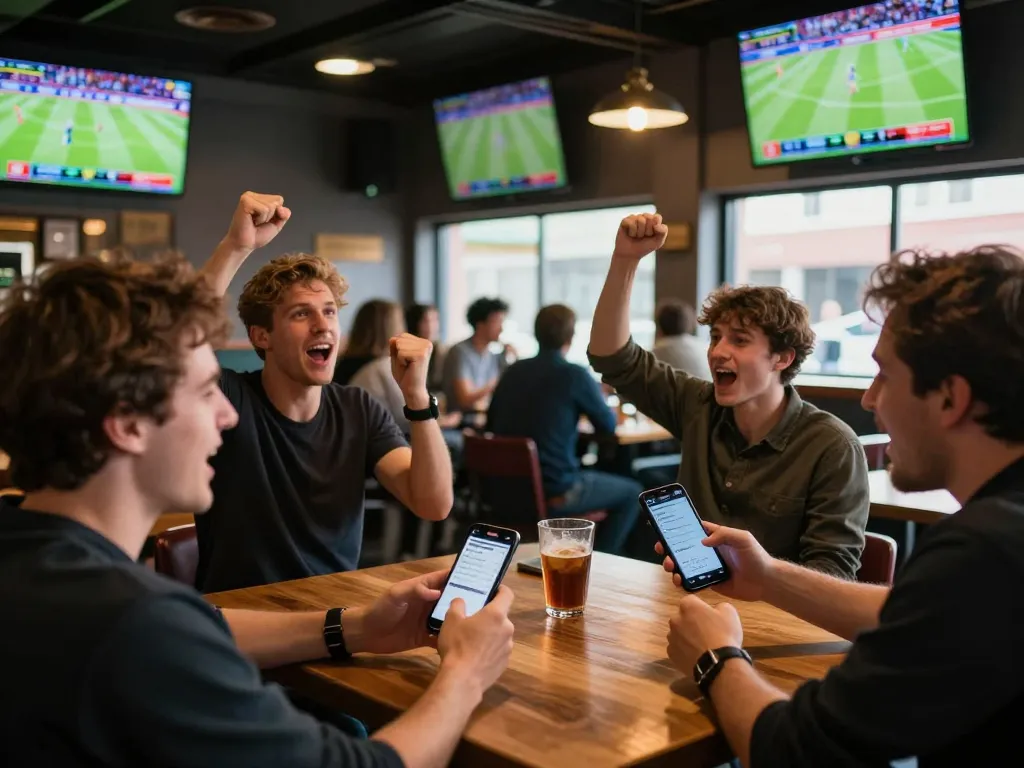 Excited sports betting scene showcasing users on siti scommesse stranieri, and patrons cheering in vibrant bar atmosphere.