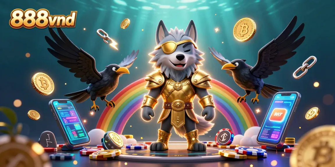 Experience thrilling gameplay at 888vnd with vibrant casino elements and glowing cryptocurrencies.