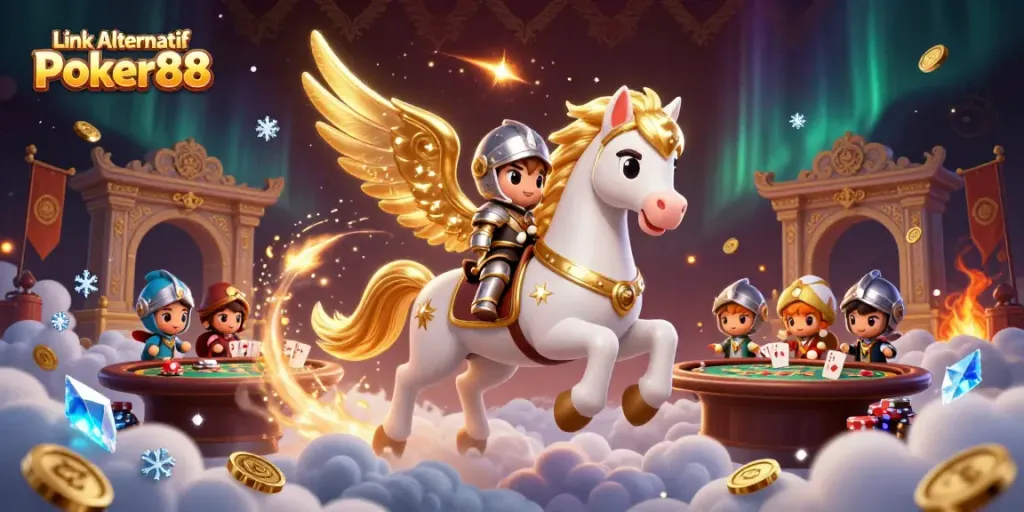 Engage with the exciting Link Alternatif Poker88, showcasing vibrant poker scenes and magical characters.