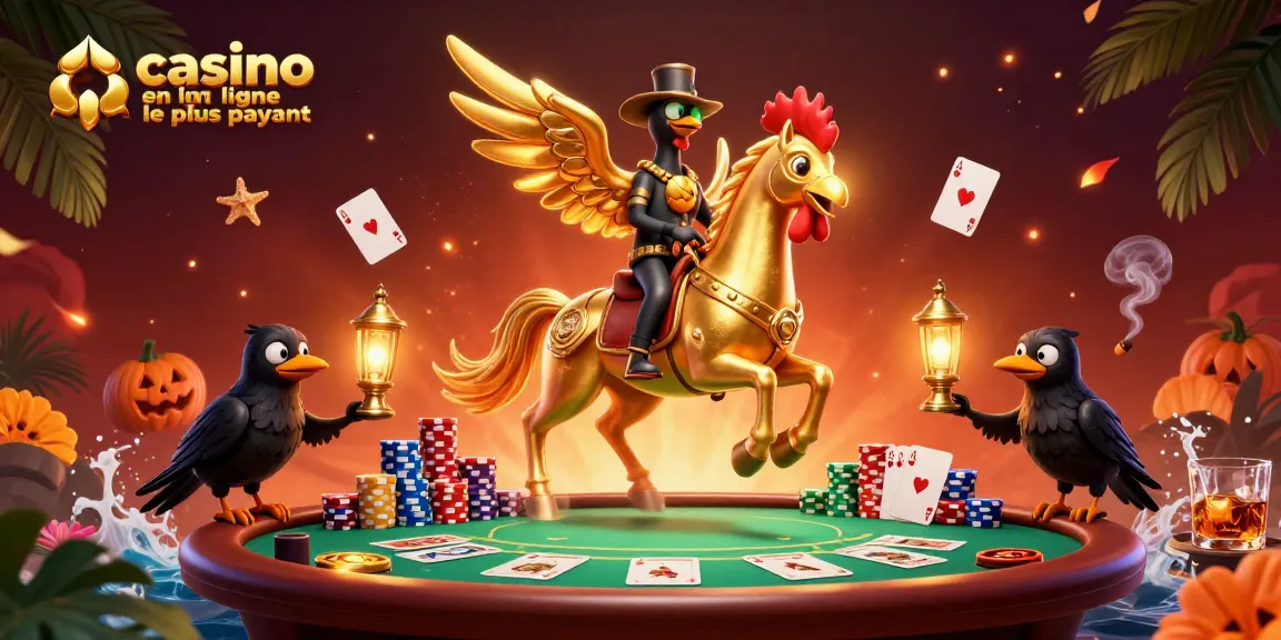Illustration dynamique d'un casino en ligne le plus payant avec un coq doré et des corbeaux-lanternes.