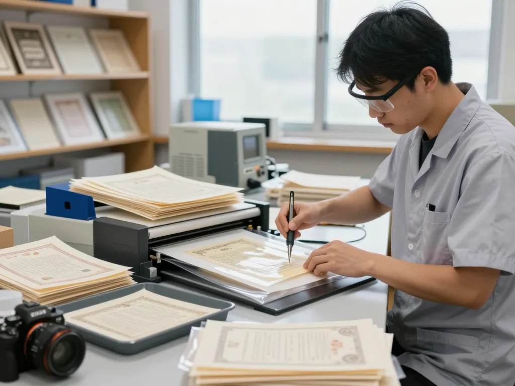 Document recovery expert providing dịch vụ bóc ép plastic in a professional workshop.