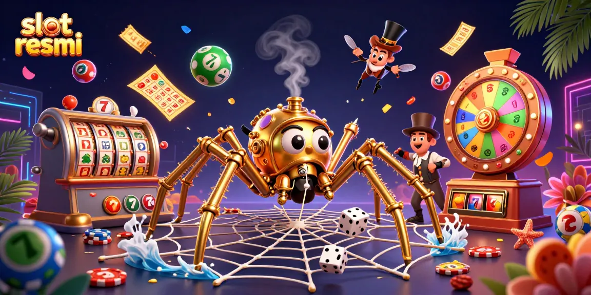 Spin to win at slot resmi with a steampunk-themed casino scene full of golden spider webs and lucky reels.