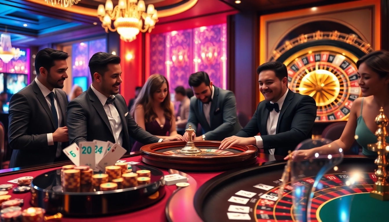 Joueurs engagés gagnant dans un luxueux casino en ligne 2026 avec des tables vibrantes et une roue de roulette.