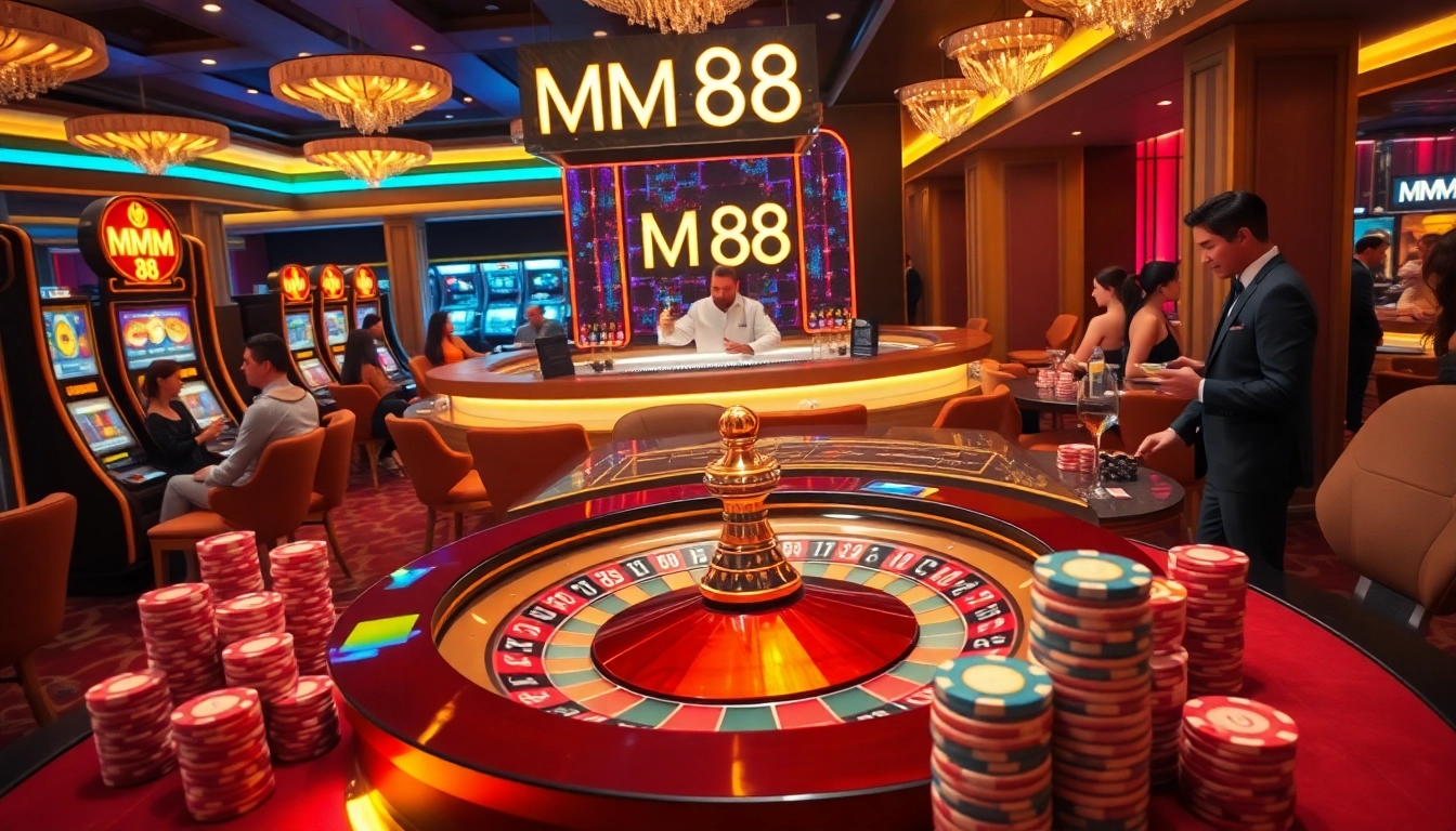 Players enjoying a thrilling moment at MM 88's luxury casino featuring vibrant tables and slot machines.