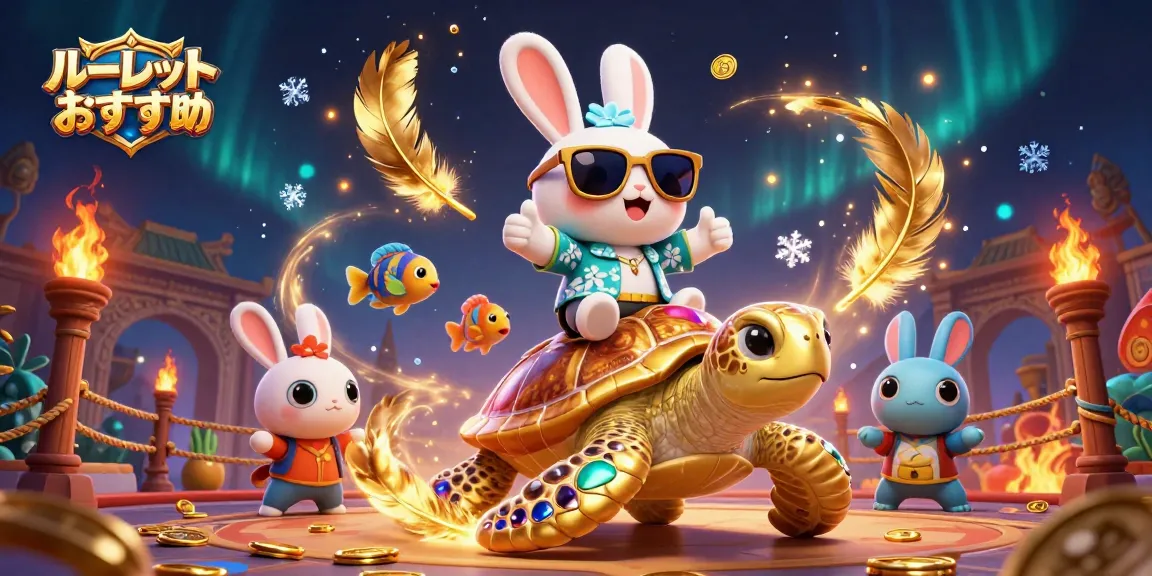 ルーレット おすすめのカラフルな3Dイラスト、ラッキーウサギと大きな海亀が登場