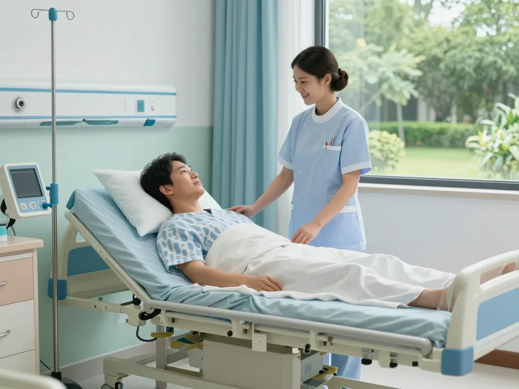 Adjustable giường bệnh nhân in a calming hospital room with medical equipment and a caring nurse.