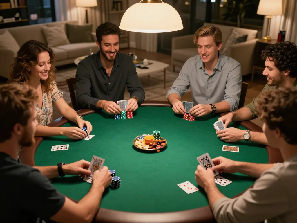 Friends enjoying a lively poker game at home, showcasing tt88 trang chủ atmosphere of friendly competition
