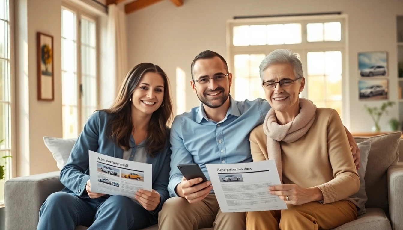 Learn about auto and home protection plans while a family enjoys a cozy living room.