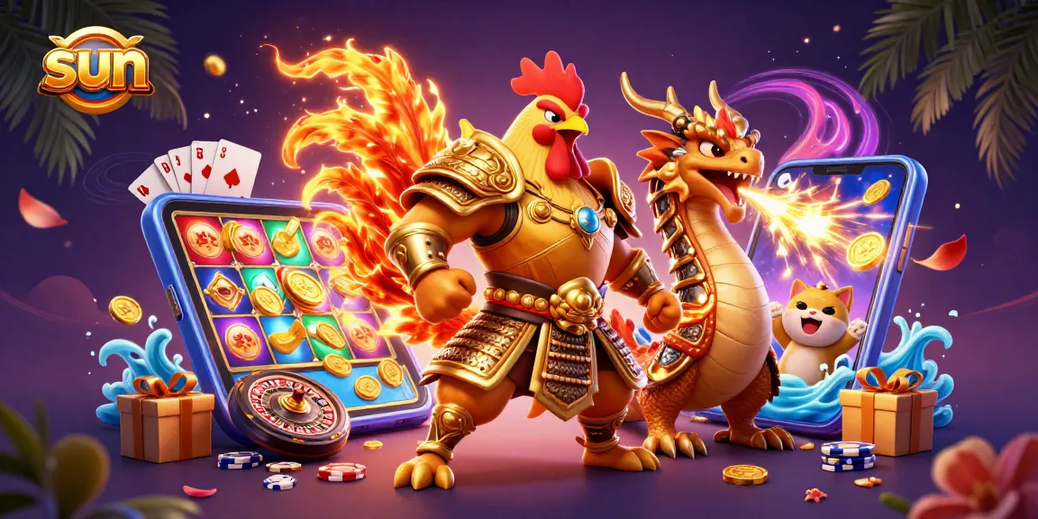 Experience the thrill of sun-inspired gaming with a whimsical rooster warrior and a dragon hatchling.