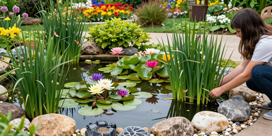 Marginal Pond Plants flourishing in a beautiful garden pond setting with a gardener arranging them.