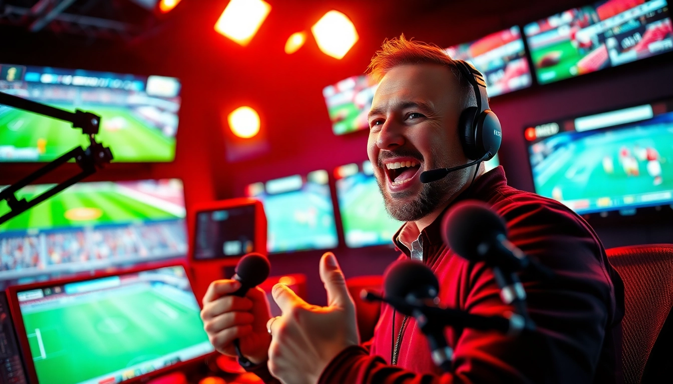 Engaging sports broadcasting scene with a passionate commentator and high-tech studio setup.