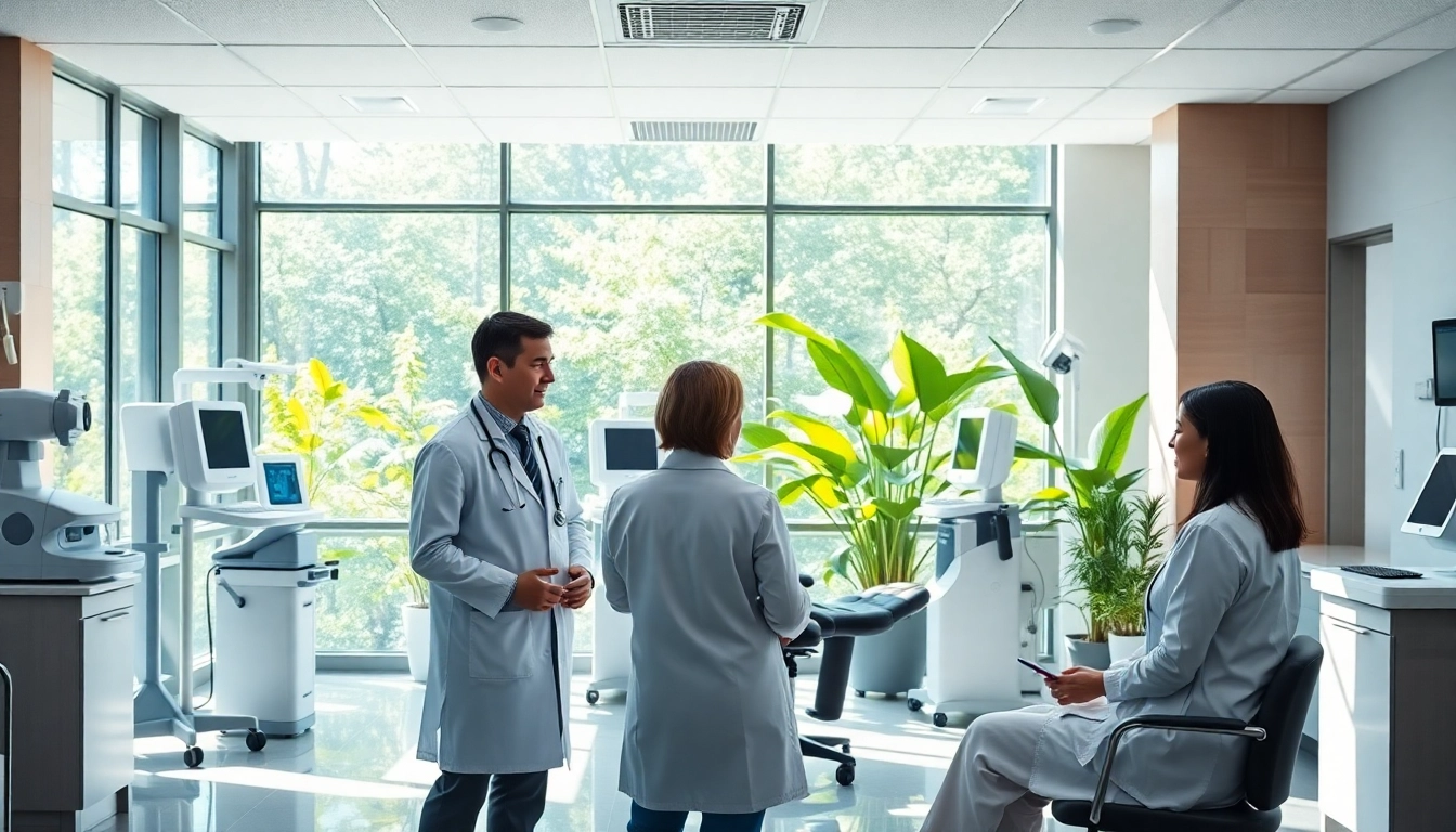 ad DÓC Medical facility with healthcare staff engaging patients in a bright, professional setting.