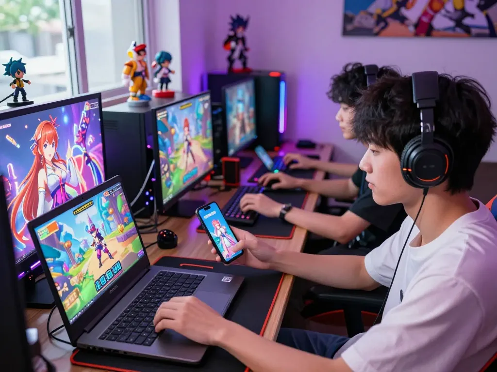 Engaging young adults playing a hentai game on multiple devices in a vibrant gaming environment.