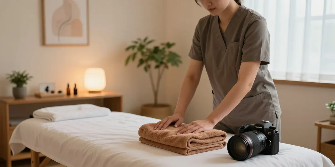 Experience the best 역곡출장마사지 in a tranquil therapy room with a skilled therapist preparing for relaxation.